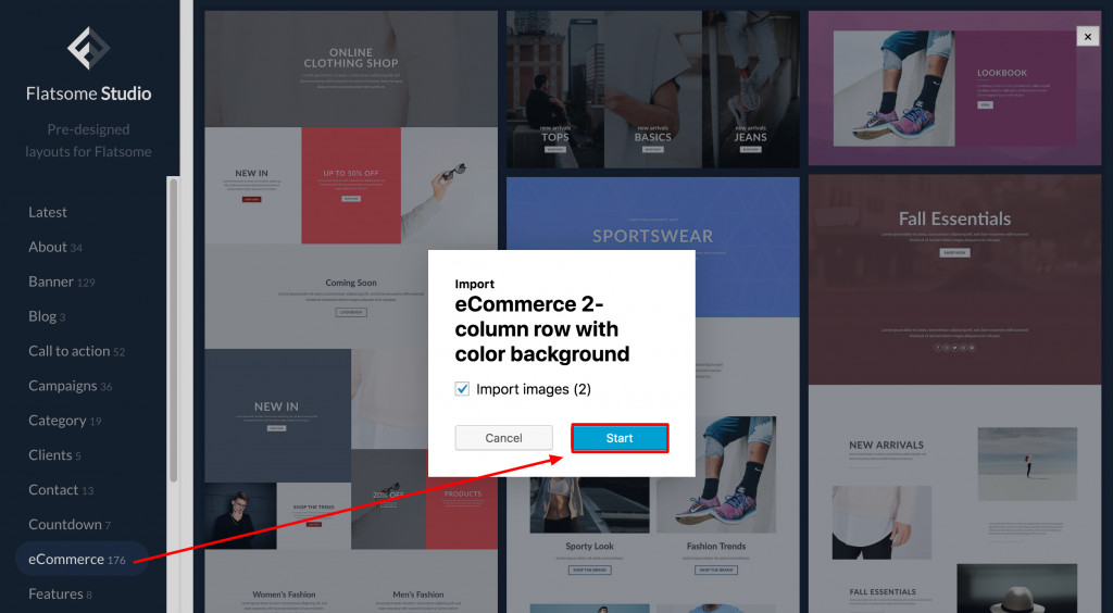 Select Start Button to Import Element - flatsome studio