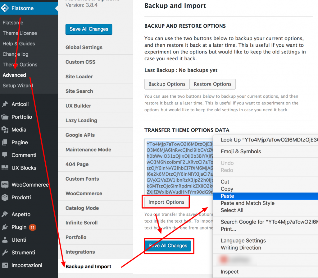 Paste Flatsome Settings data to child theme