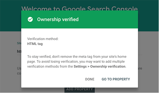 search console verified