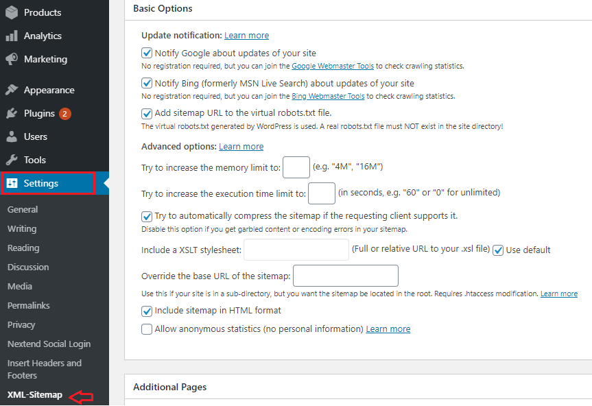 sitemap settings