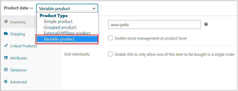 variable product select