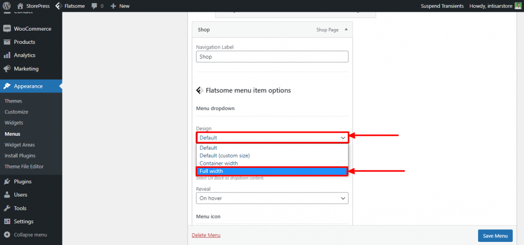 Flatsome-editing shop page menu design to full width