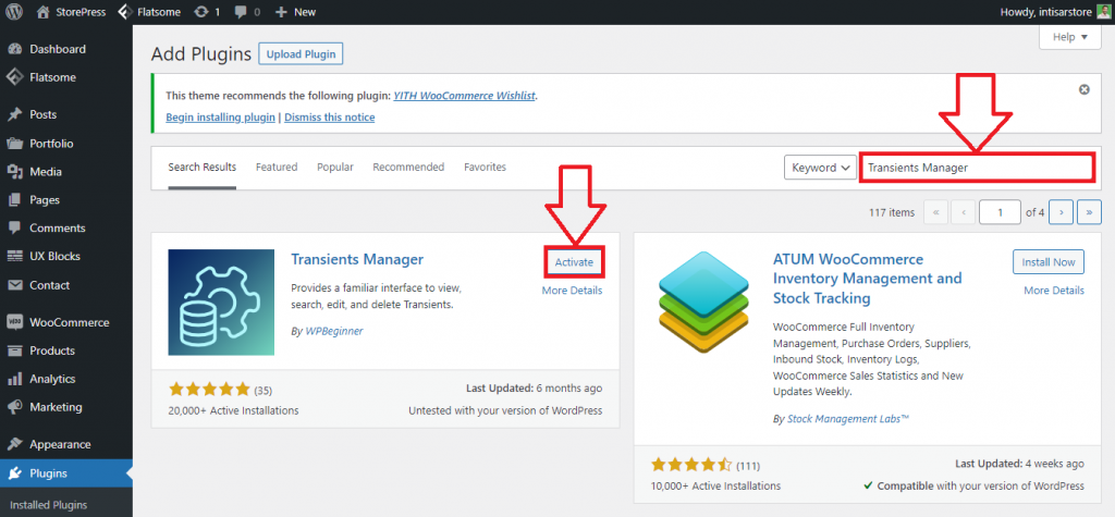 Install & activate transient manager plugin