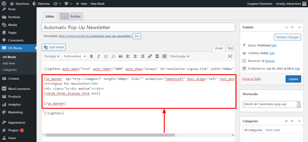 image and text code adding for automatic newsletter popup