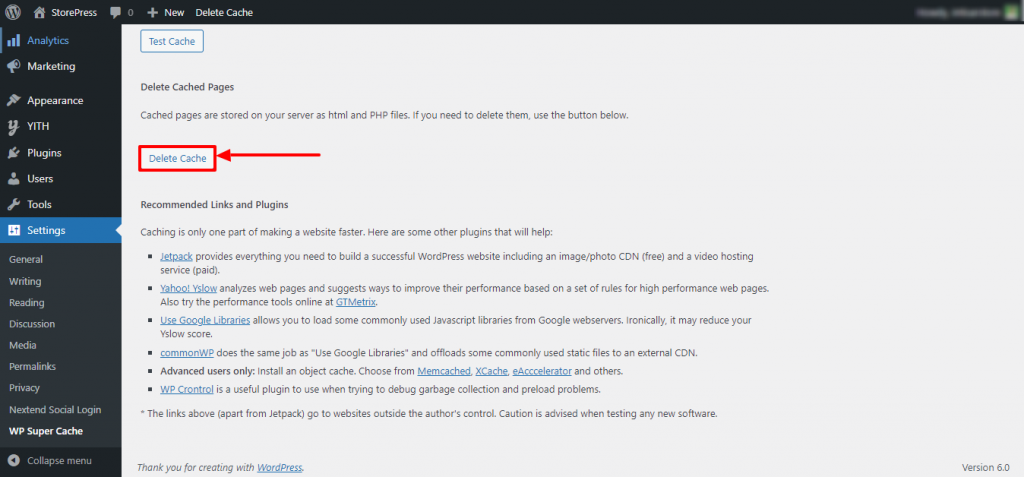 delete cache using WP Super Cache