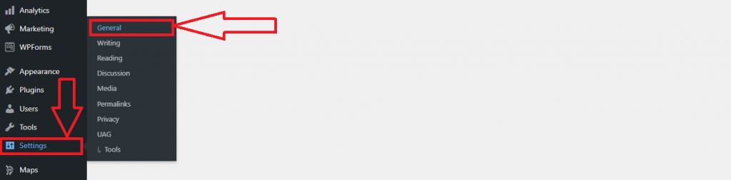 setting to general setting in WordPress dashboard