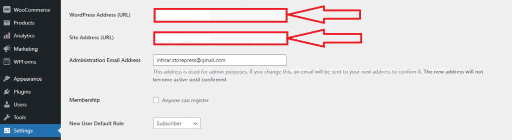 setting up WordPress Address URL and site address URL