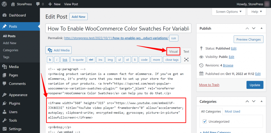 embed code of youtube in a post in wordpress
